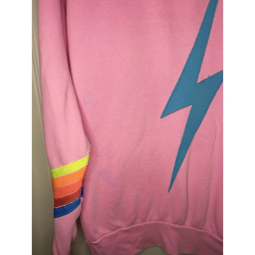 Aviator Nation Bolt Chevron Stripe Sweatshirt Crewneck USA Womens Med Pink SPOTS - Picture 5 of 7
